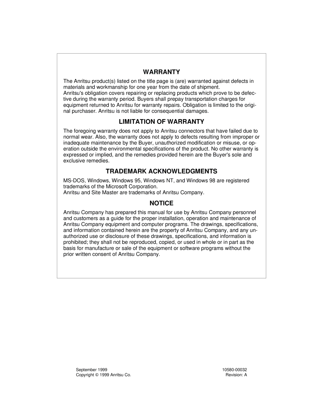 Anritsu S251B manual Warranty 