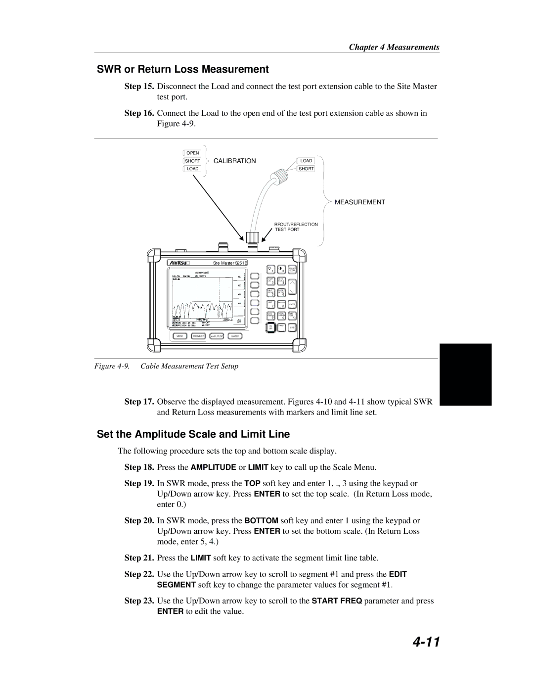 Anritsu S251B manual SWR or Return Loss Measurement, Set the Amplitude Scale and Limit Line 