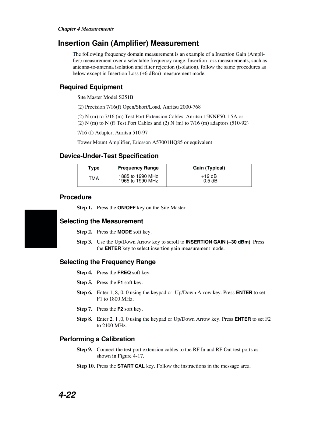 Anritsu S251B manual Insertion Gain Amplifier Measurement, Selecting the Measurement 