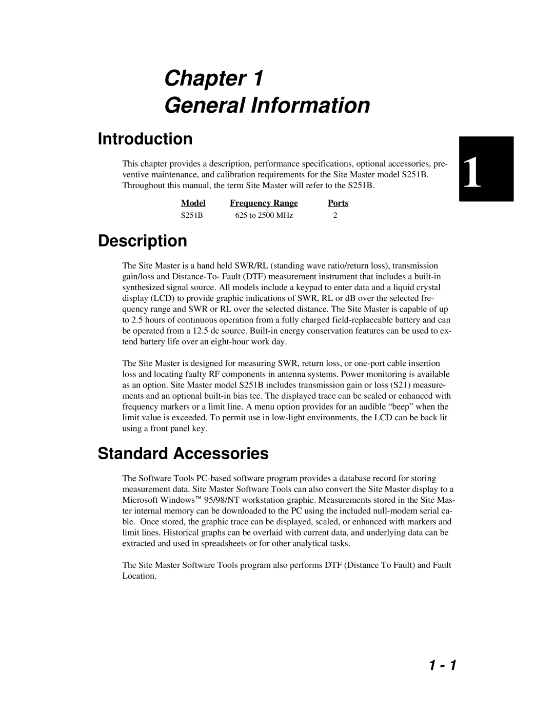 Anritsu S251B manual Introduction, Description, Standard Accessories 