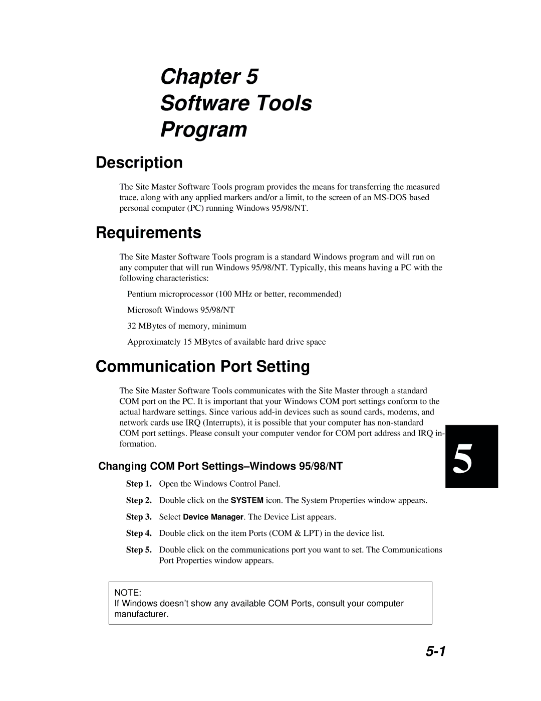 Anritsu S251B manual Requirements, Communication Port Setting, Changing COM Port Settings-Windows 95/98/NT 