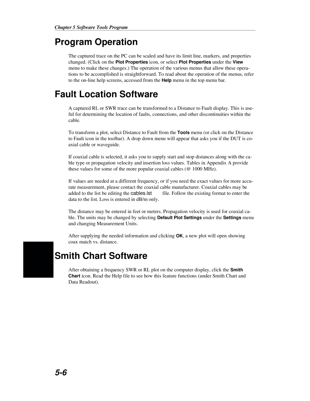 Anritsu S251B manual Program Operation, Fault Location Software, Smith Chart Software 