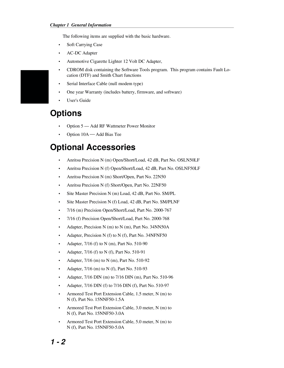 Anritsu S251B manual Options, Optional Accessories 