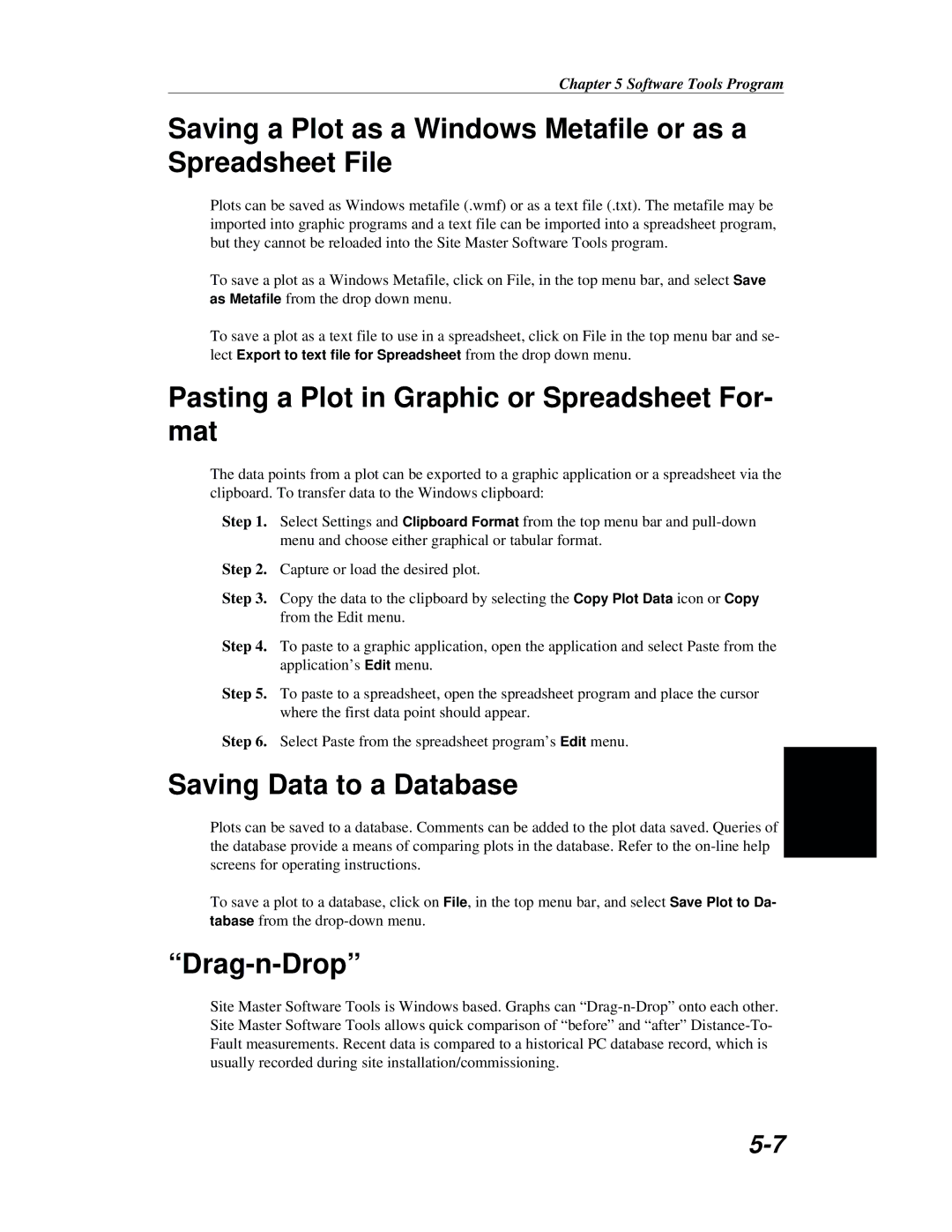 Anritsu S251B manual Pasting a Plot in Graphic or Spreadsheet For- mat, Saving Data to a Database, Drag-n-Drop 