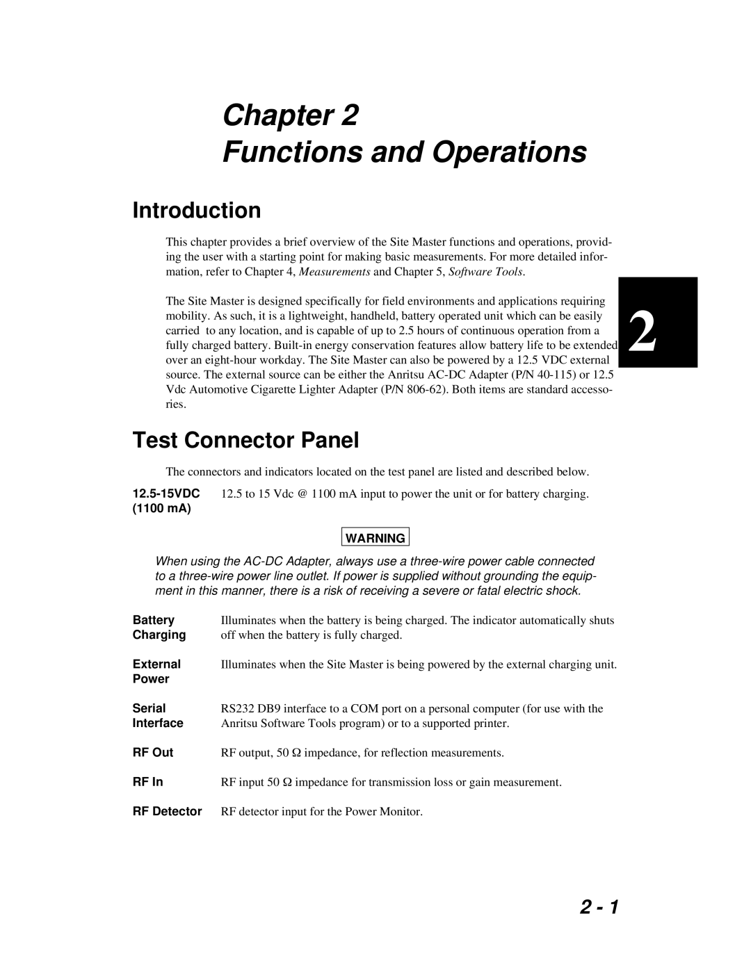 Anritsu S251C manual Chapter Functions and Operations, Test Connector Panel 