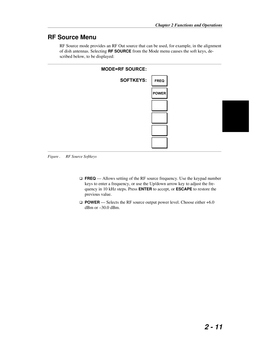 Anritsu S251C manual RF Source Menu, MODE=RF Source Softkeys 