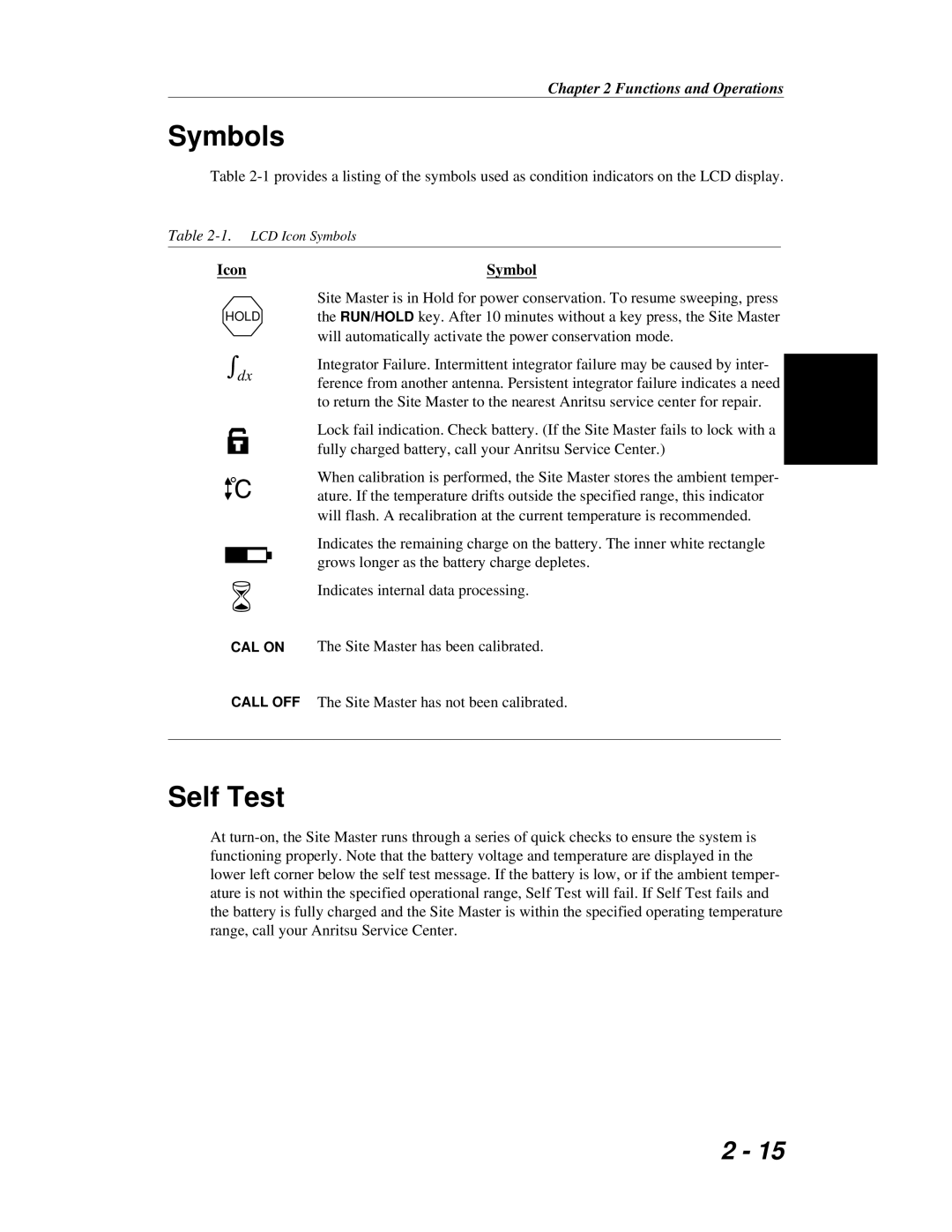 Anritsu S251C manual Symbols, Self Test 