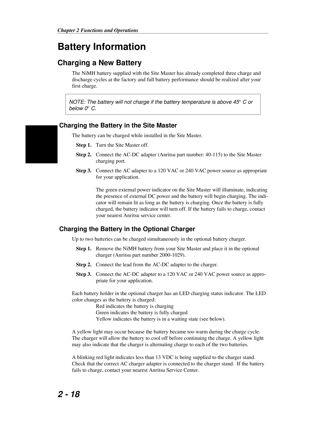 Anritsu S251C manual Battery Information, Charging a New Battery, Charging the Battery in the Site Master 