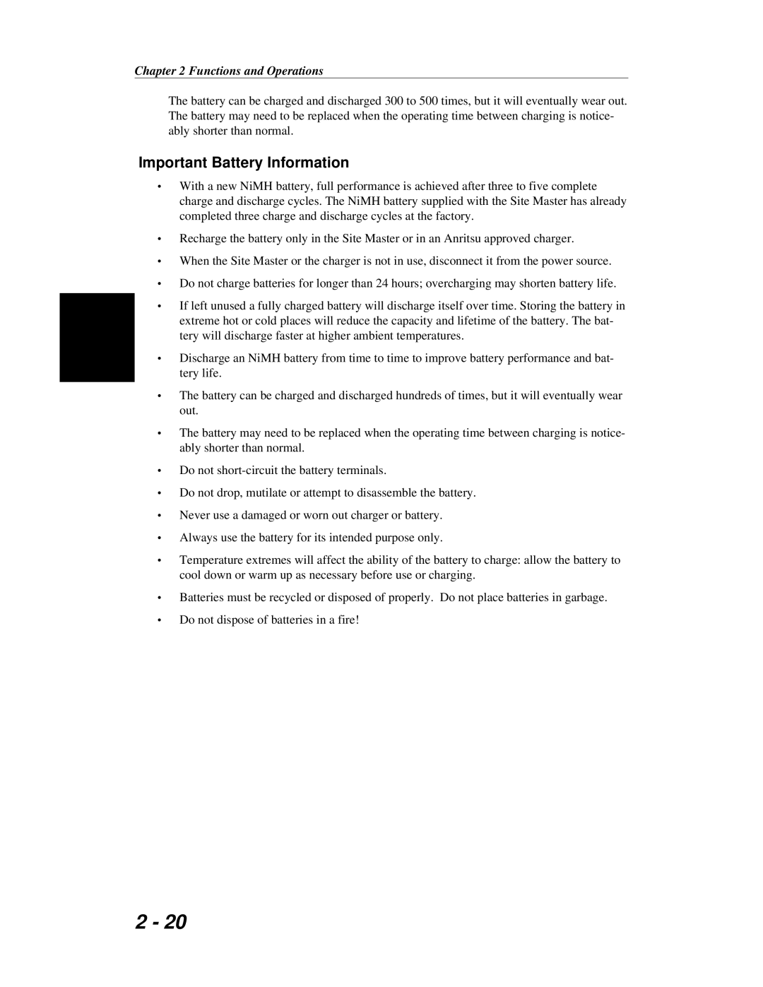 Anritsu S251C manual Important Battery Information 