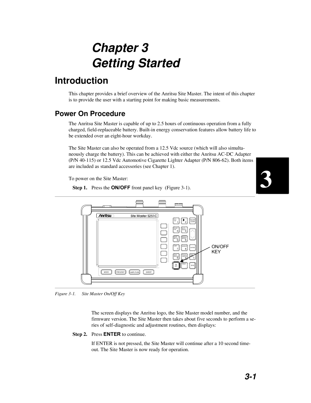 Anritsu S251C manual Chapter Getting Started, Power On Procedure 