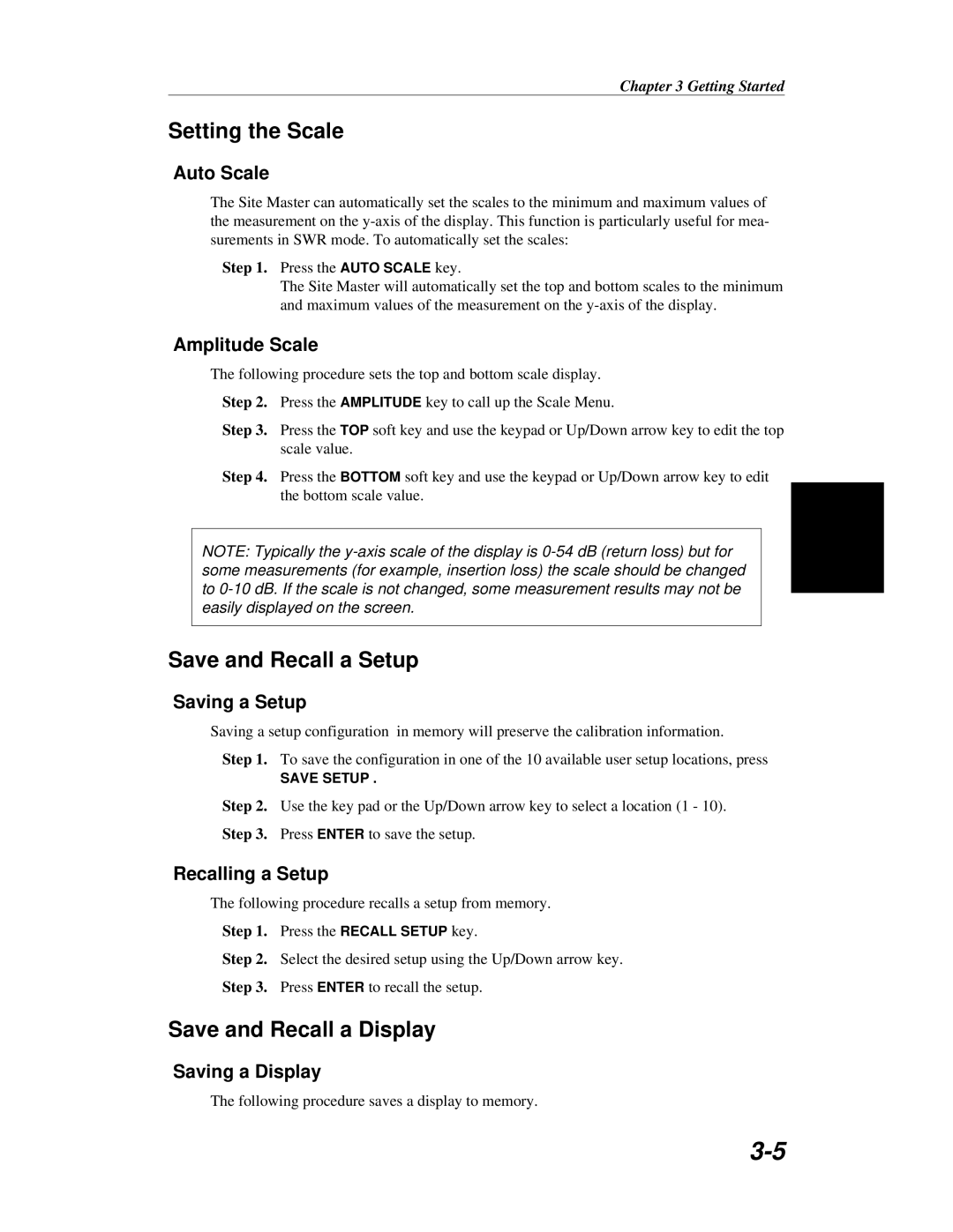 Anritsu S251C manual Setting the Scale, Save and Recall a Setup, Save and Recall a Display 