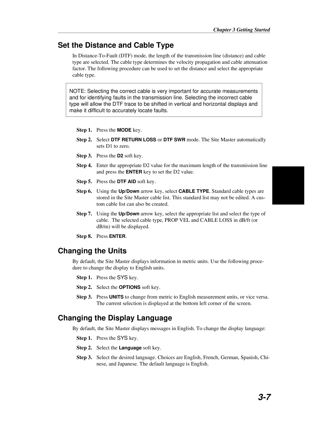 Anritsu S251C manual Set the Distance and Cable Type, Changing the Units, Changing the Display Language 