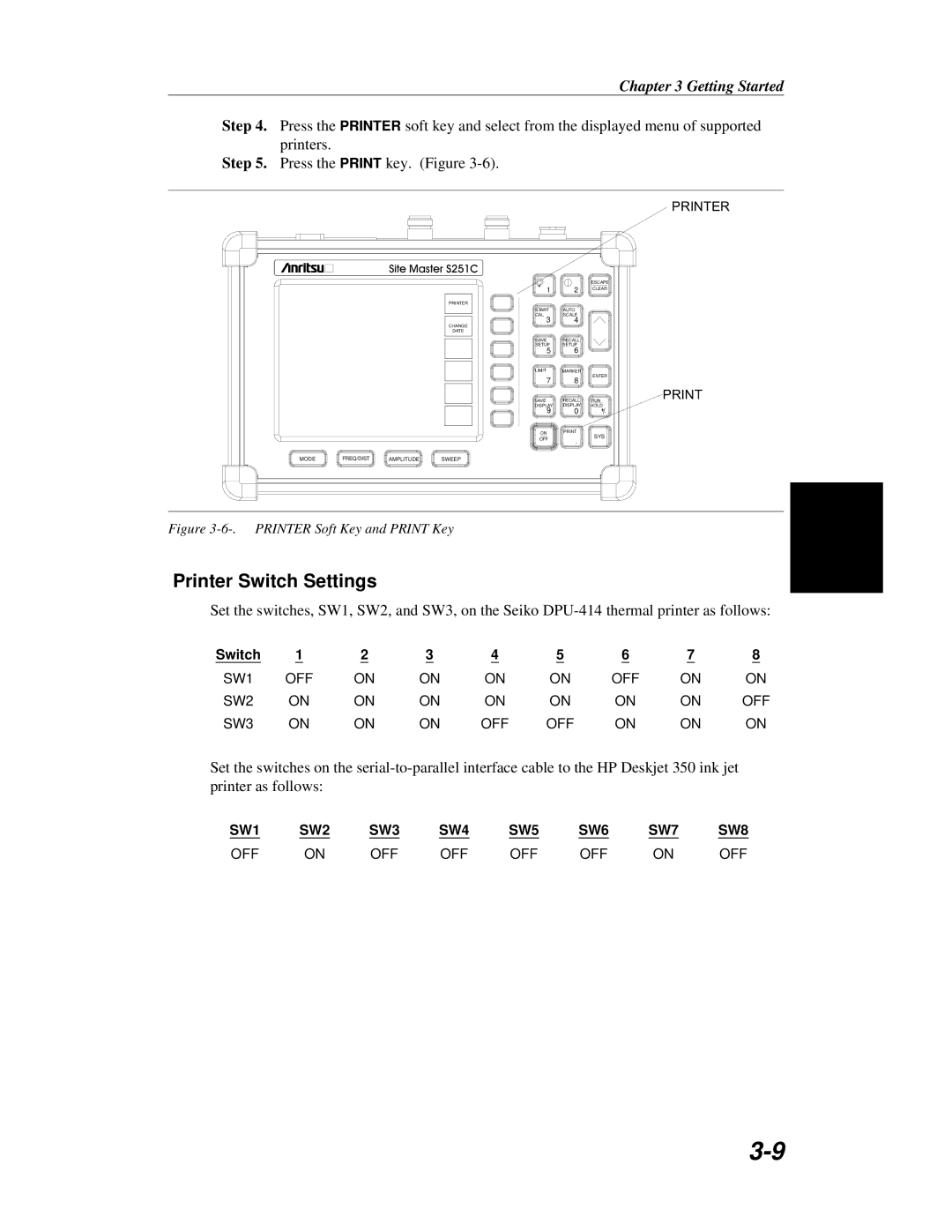 Anritsu S251C manual Printer Switch Settings 