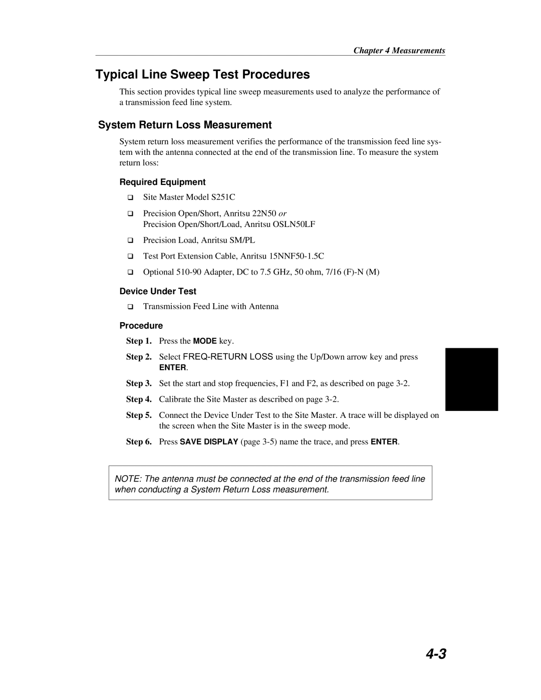 Anritsu S251C manual Typical Line Sweep Test Procedures, System Return Loss Measurement 