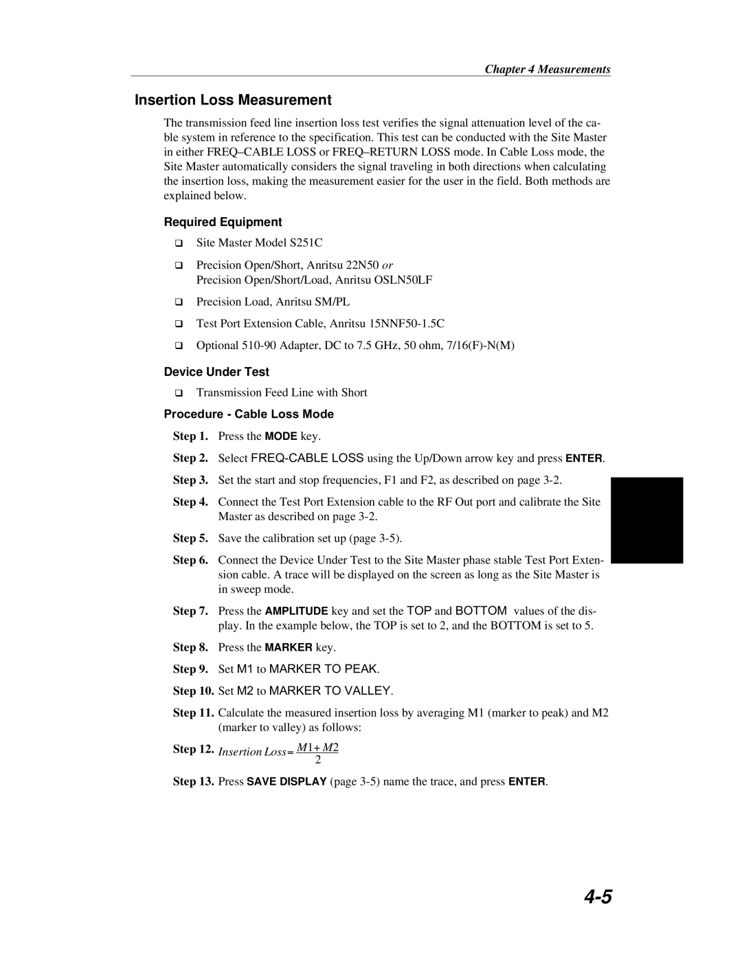 Anritsu S251C manual Insertion Loss Measurement, Procedure Cable Loss Mode 