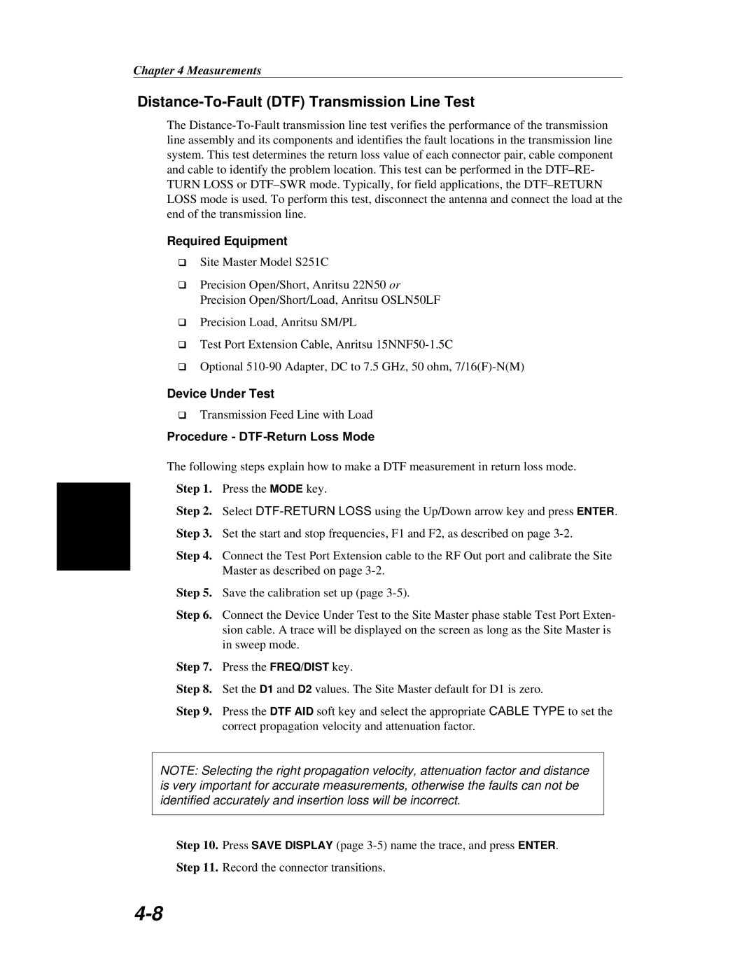 Anritsu S251C manual Distance-To-Fault DTF Transmission Line Test, Procedure DTF-Return Loss Mode 