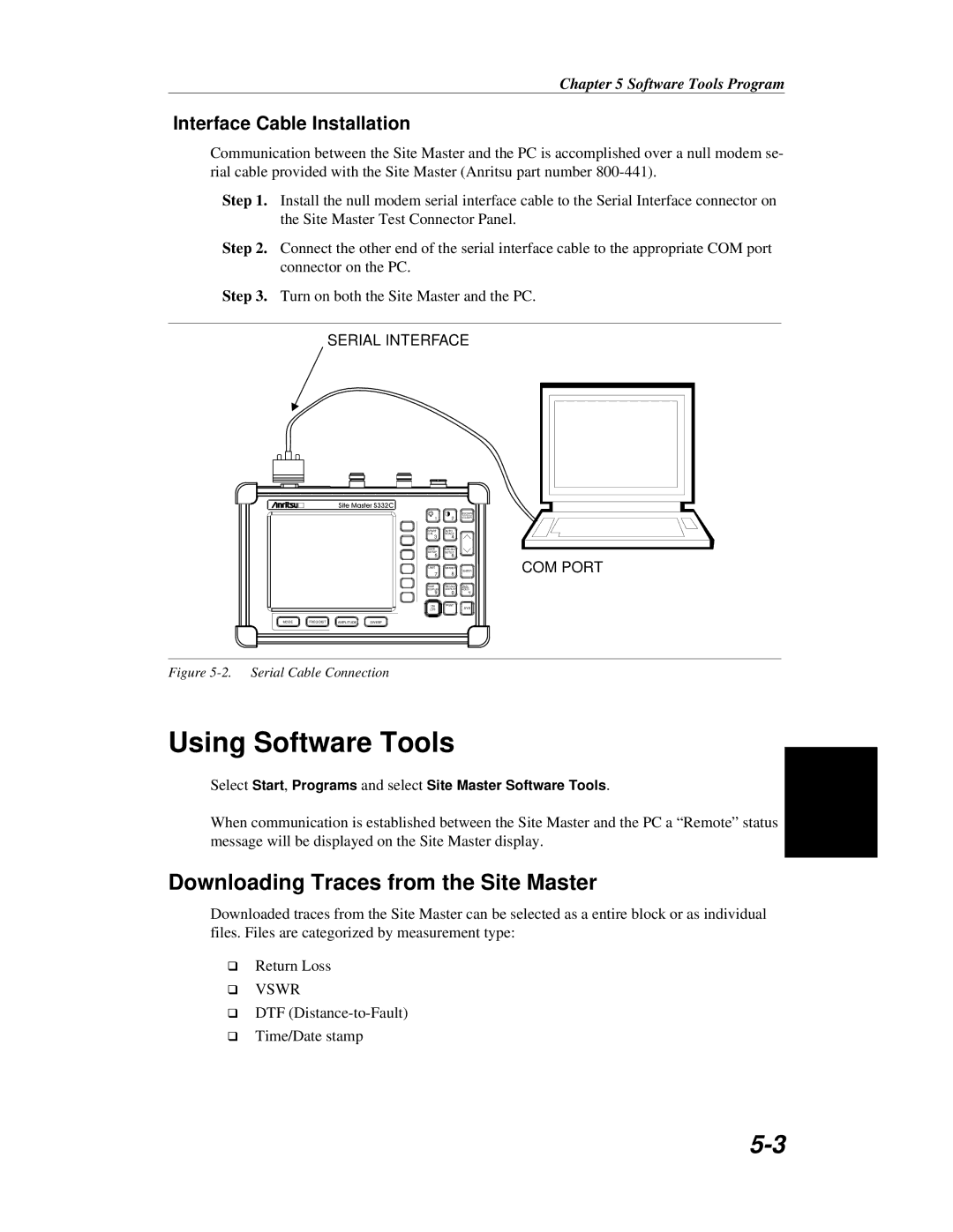 Anritsu S251C manual Using Software Tools, Downloading Traces from the Site Master, Interface Cable Installation 