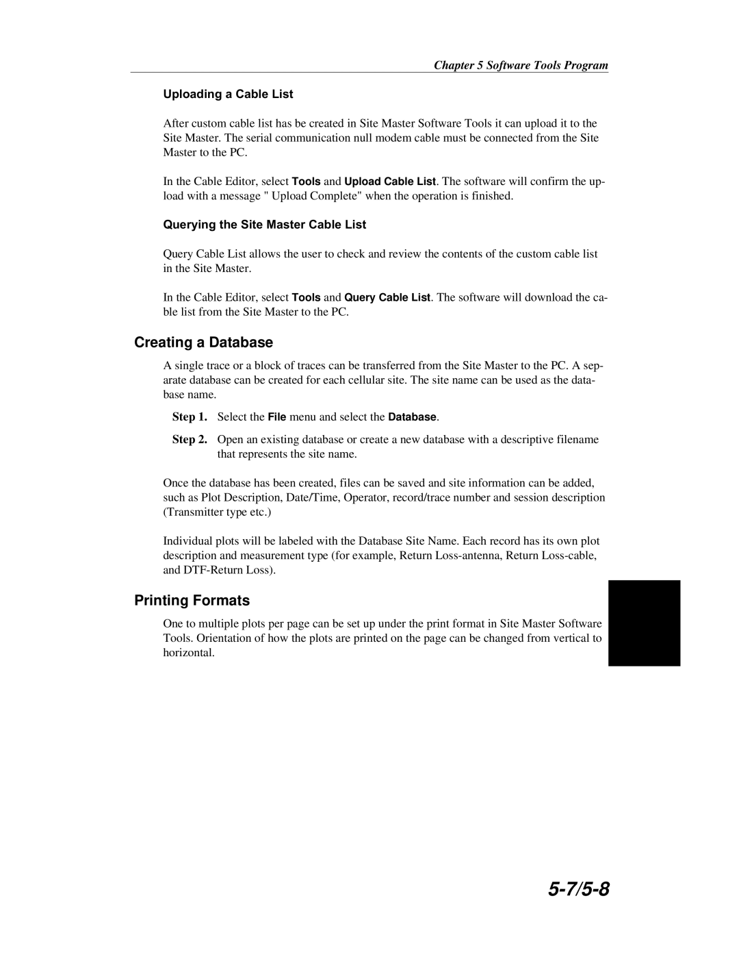 Anritsu S251C manual Creating a Database, Printing Formats 