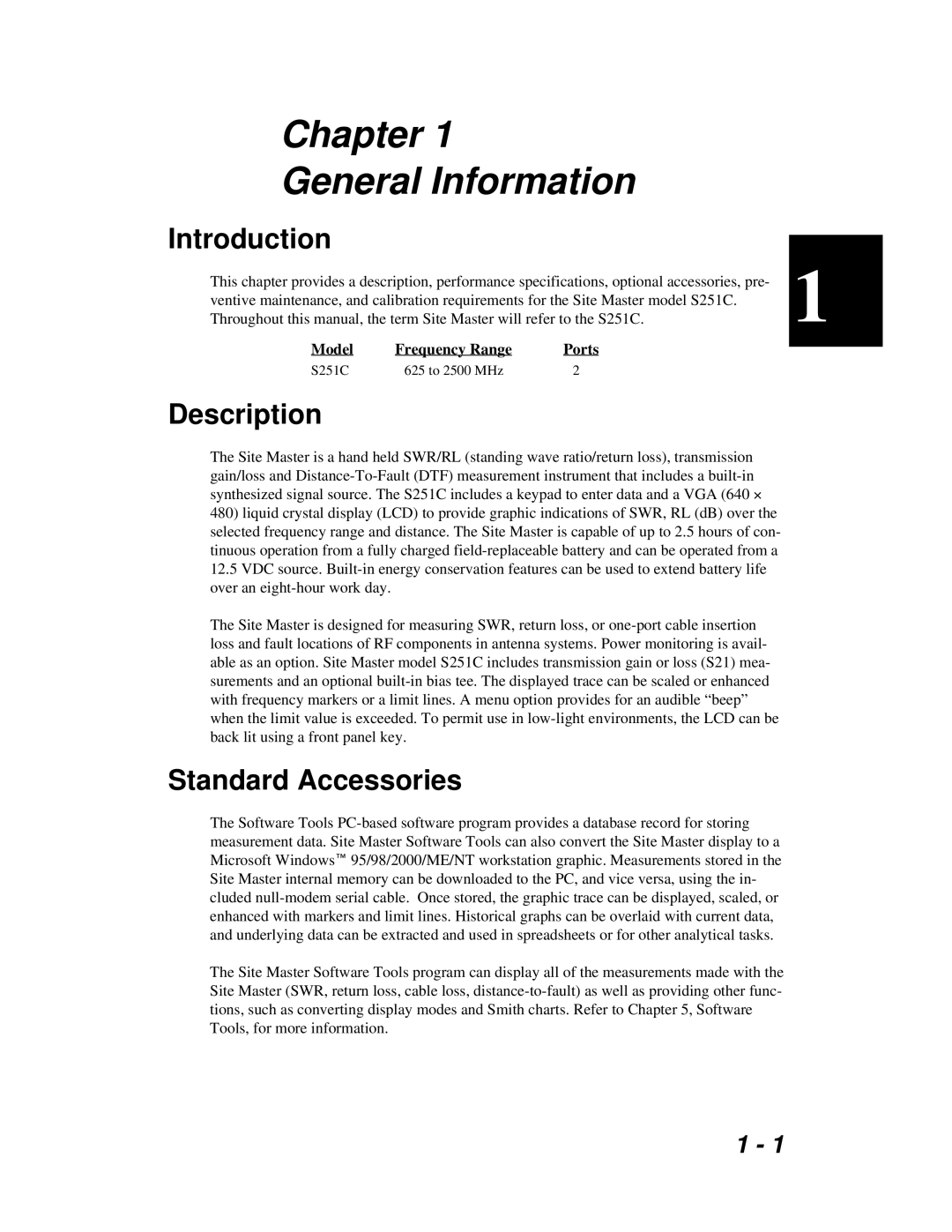 Anritsu S251C manual Introduction, Description, Standard Accessories 