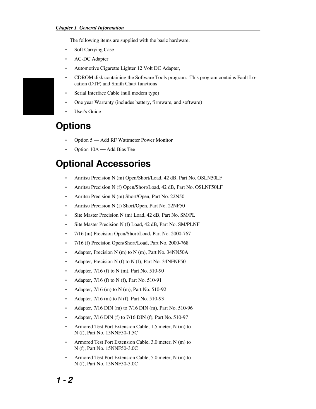 Anritsu S251C manual Options, Optional Accessories 