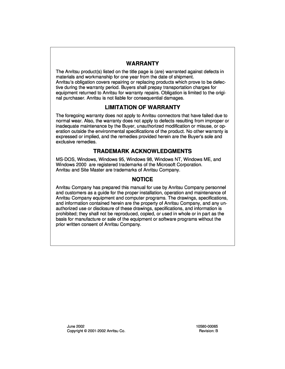 Anritsu S251C Limitation Of Warranty, Trademark Acknowledgments, June, 10580-00065, Copyright 2001-2002Anritsu Co 