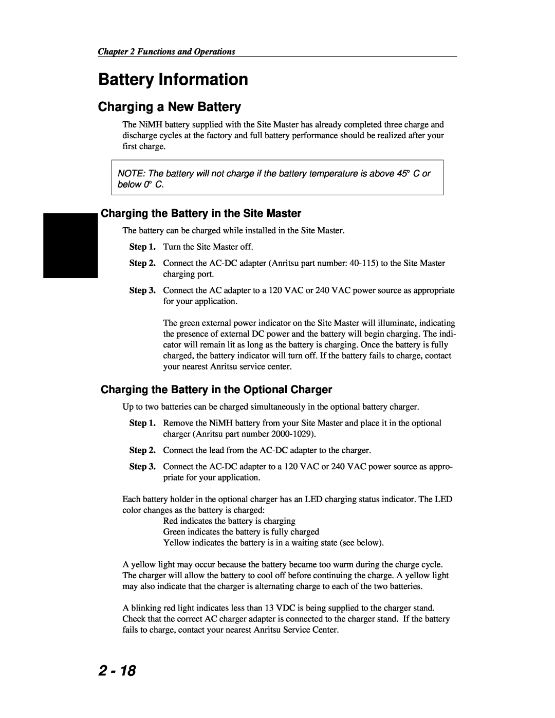 Anritsu S251C manual Battery Information, Charging a New Battery, Charging the Battery in the Site Master 