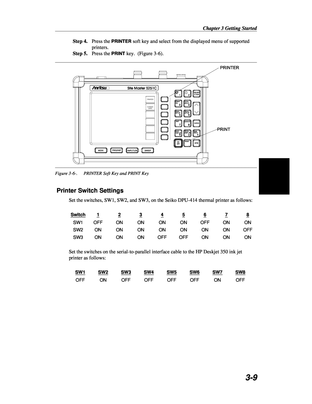 Anritsu S251C manual Printer Switch Settings, Getting Started 