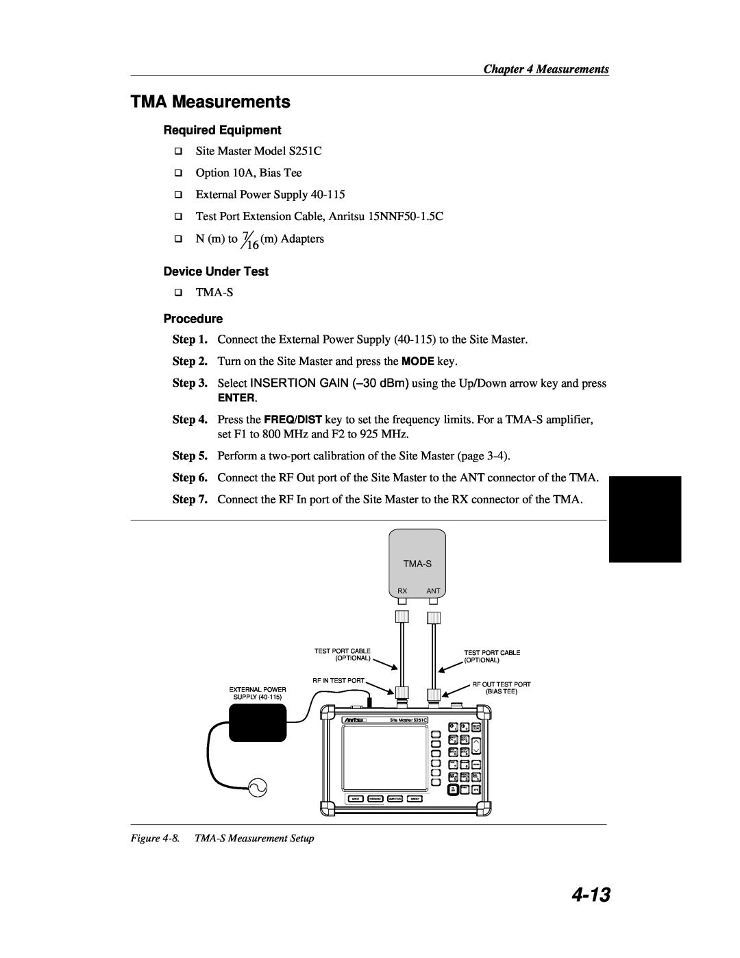 Anritsu S251C manual 4-13, TMA Measurements, Required Equipment, Device Under Test, Procedure 