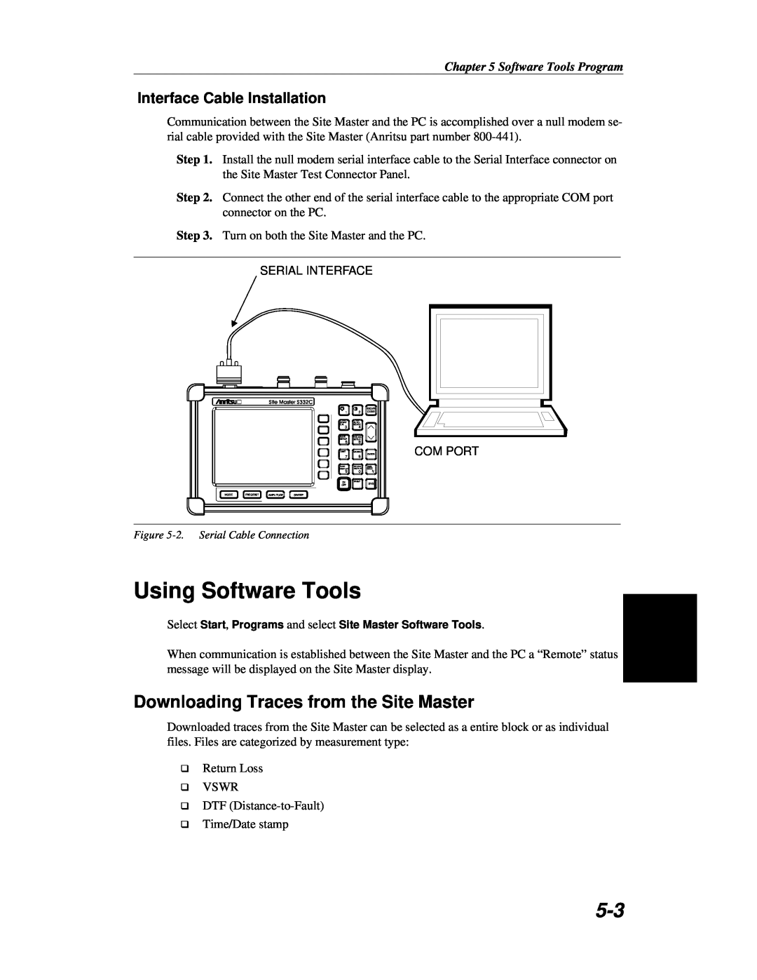 Anritsu S251C manual Using Software Tools, Downloading Traces from the Site Master, Interface Cable Installation 