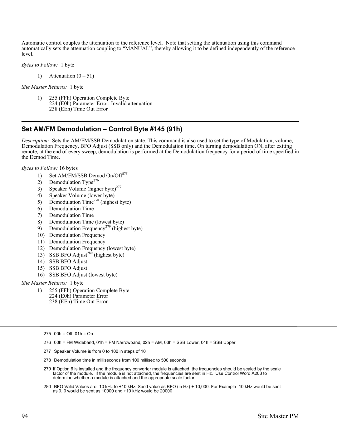 Anritsu S331D, S332D manual Set AM/FM Demodulation Control Byte #145 91h, Bytes to Follow 16 bytes 