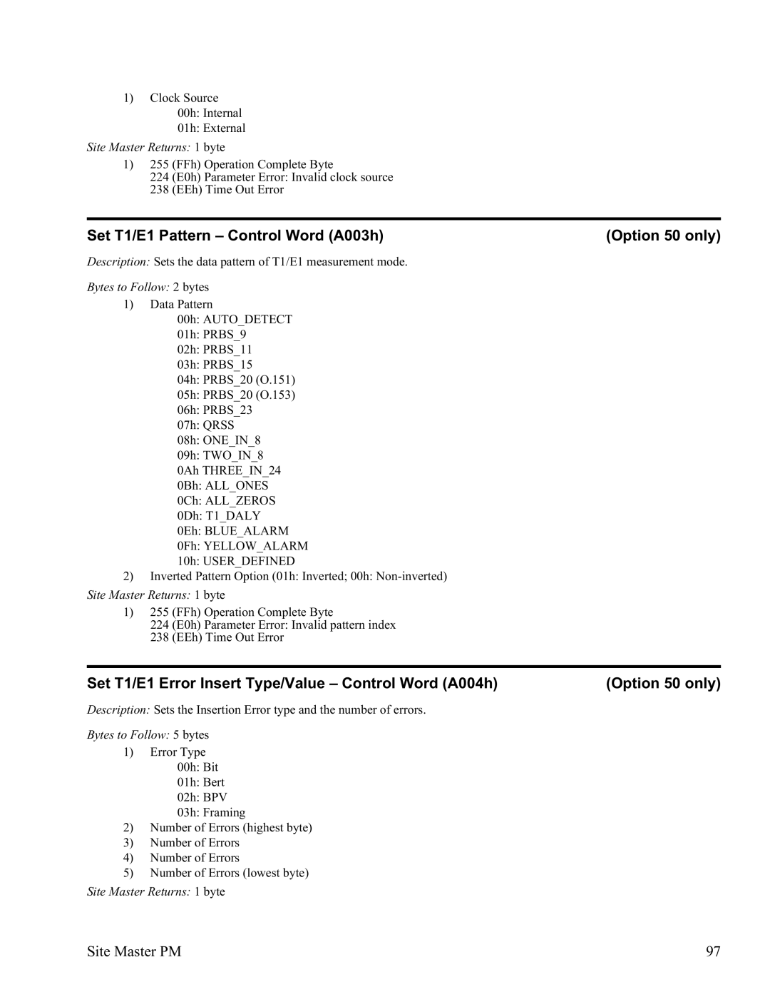 Anritsu S332D, S331D manual Set T1/E1 Pattern Control Word A003h Option 50 only, Bytes to Follow 2 bytes 