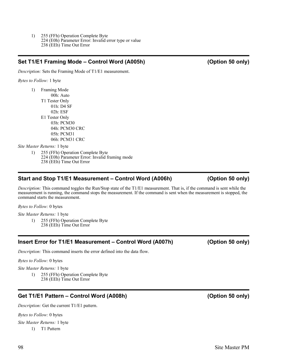 Anritsu S331D, S332D manual Set T1/E1 Framing Mode Control Word A005h Option 50 only 