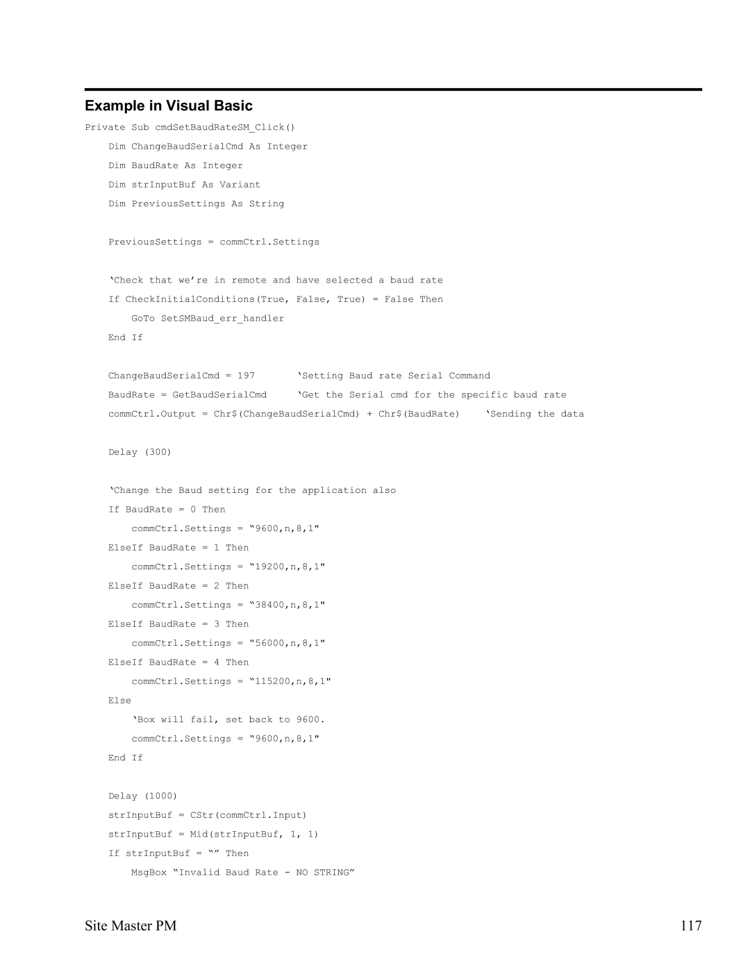 Anritsu S332D, S331D manual Example in Visual Basic, Site Master PM 117 