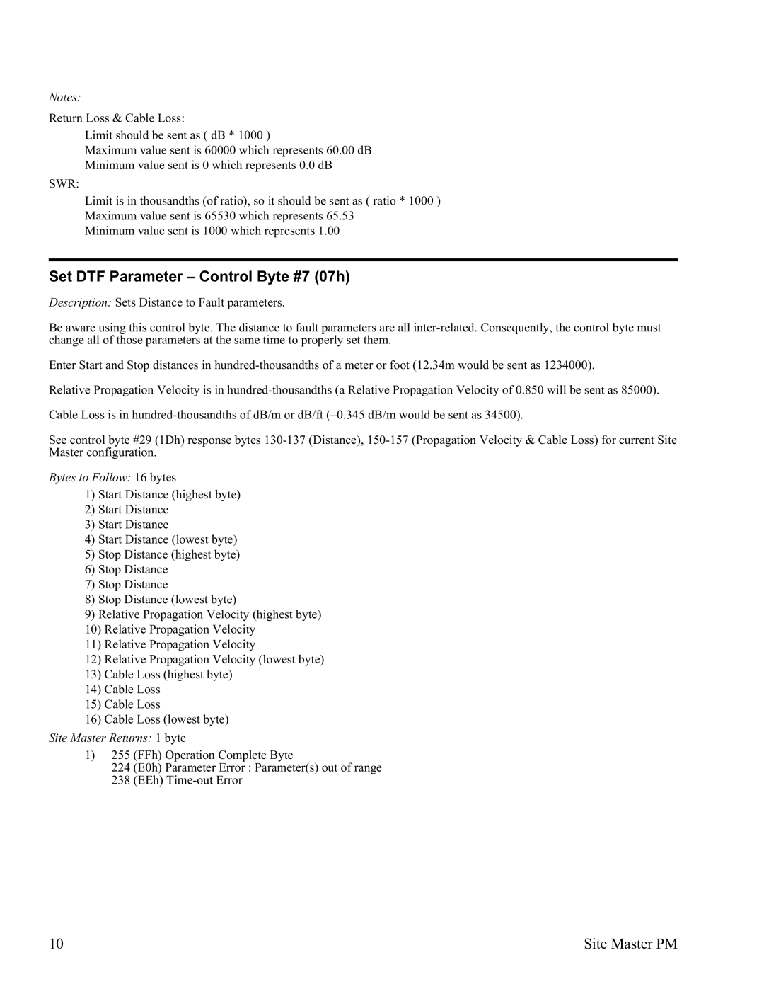 Anritsu S331D, S332D manual Set DTF Parameter Control Byte #7 07h, Bytes to Follow 16 bytes 