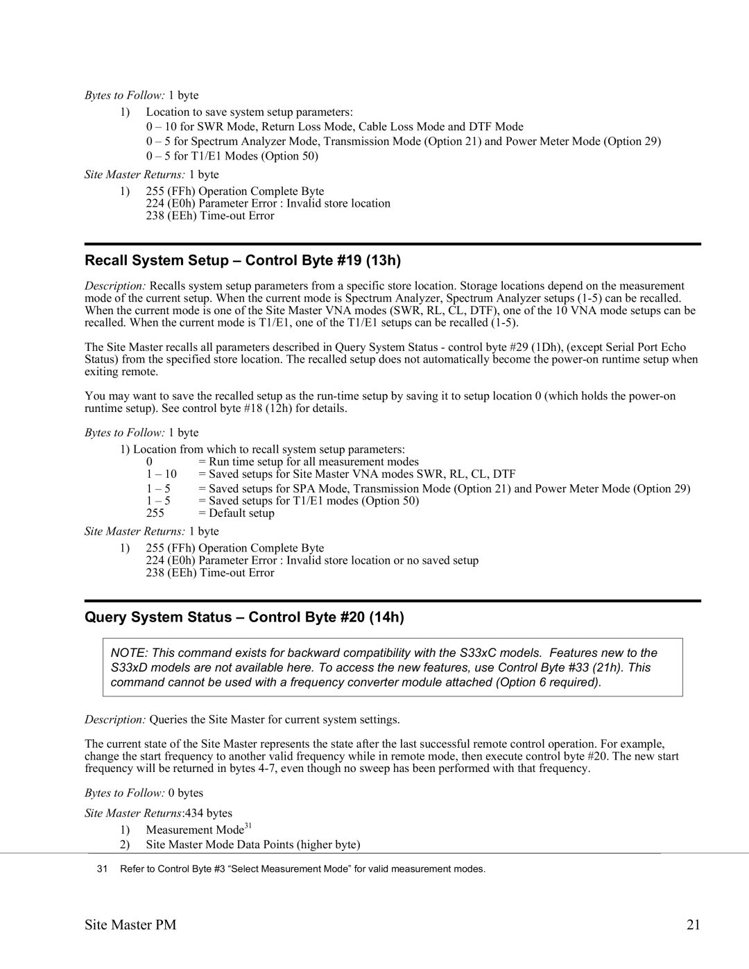 Anritsu S332D, S331D manual Recall System Setup Control Byte #19 13h, Query System Status Control Byte #20 14h 