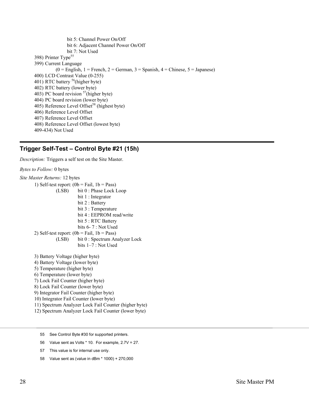 Anritsu S331D, S332D manual Trigger Self-Test Control Byte #21 15h, Bytes to Follow 0 bytes Site Master Returns 12 bytes 