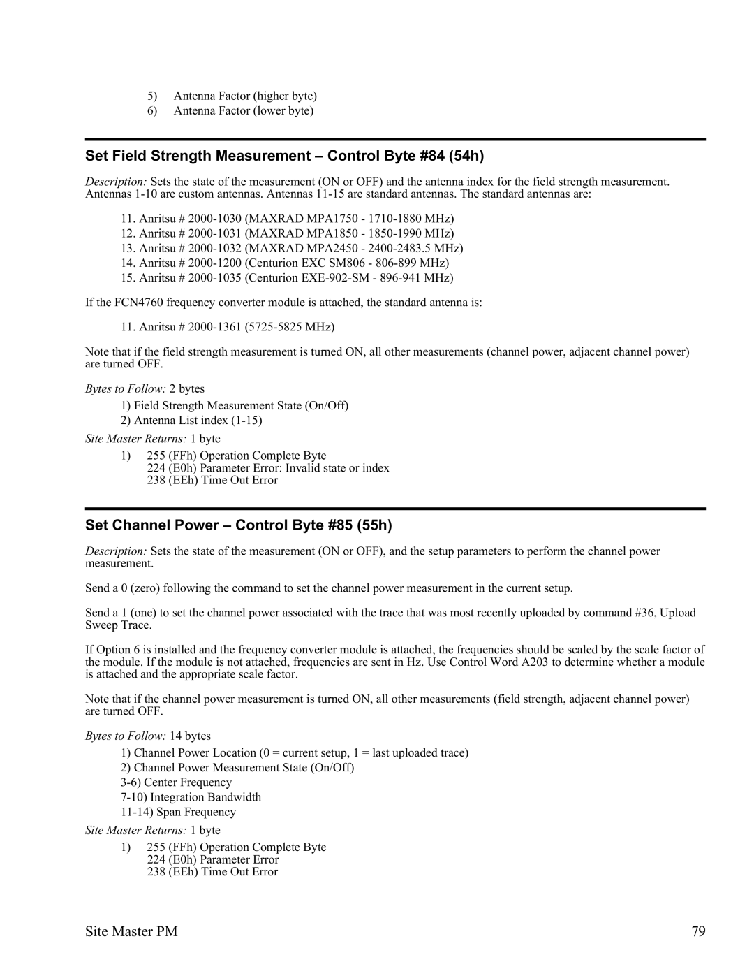Anritsu S332D, S331D manual Set Field Strength Measurement Control Byte #84 54h, Set Channel Power Control Byte #85 55h 