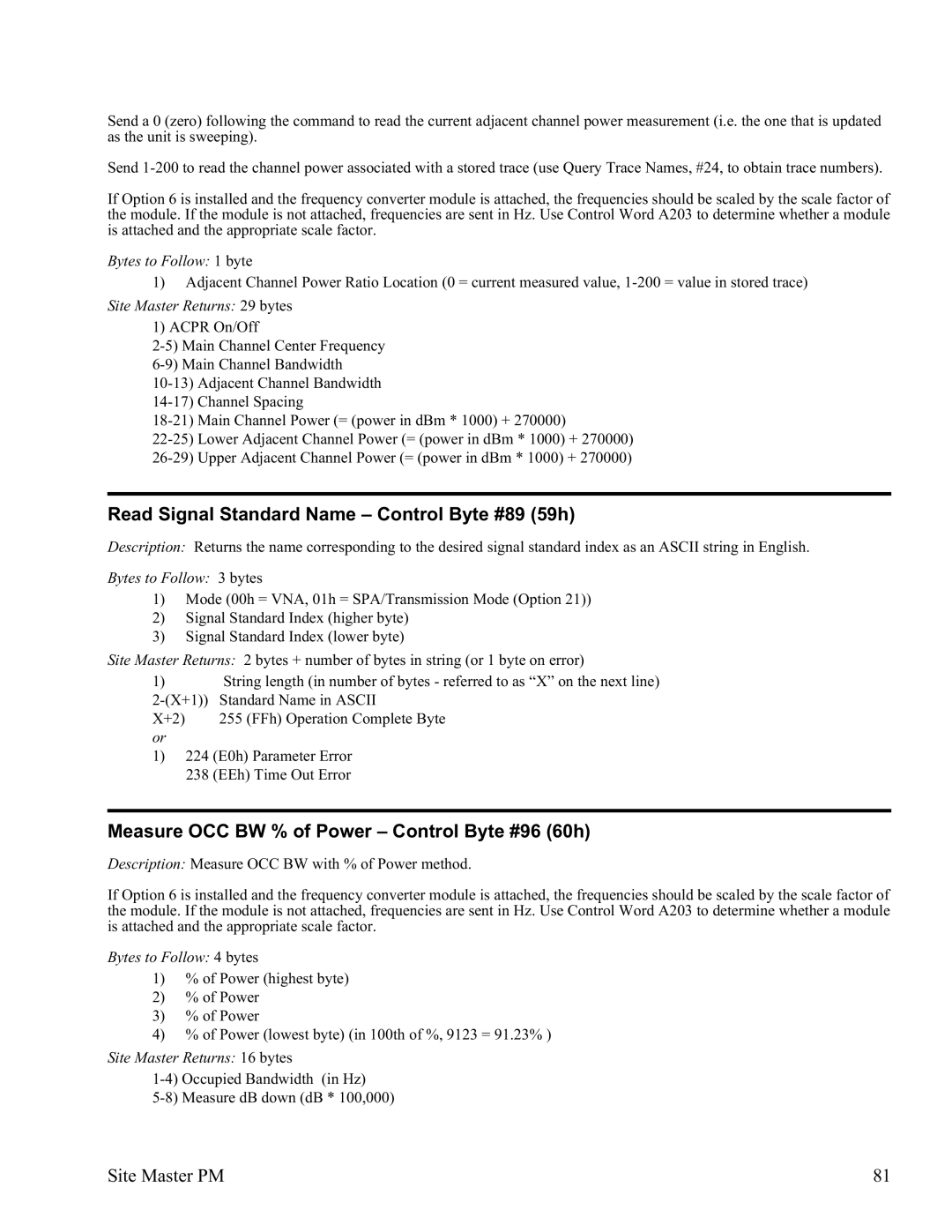 Anritsu S332D, S331D manual Read Signal Standard Name Control Byte #89 59h, Measure OCC BW % of Power Control Byte #96 60h 