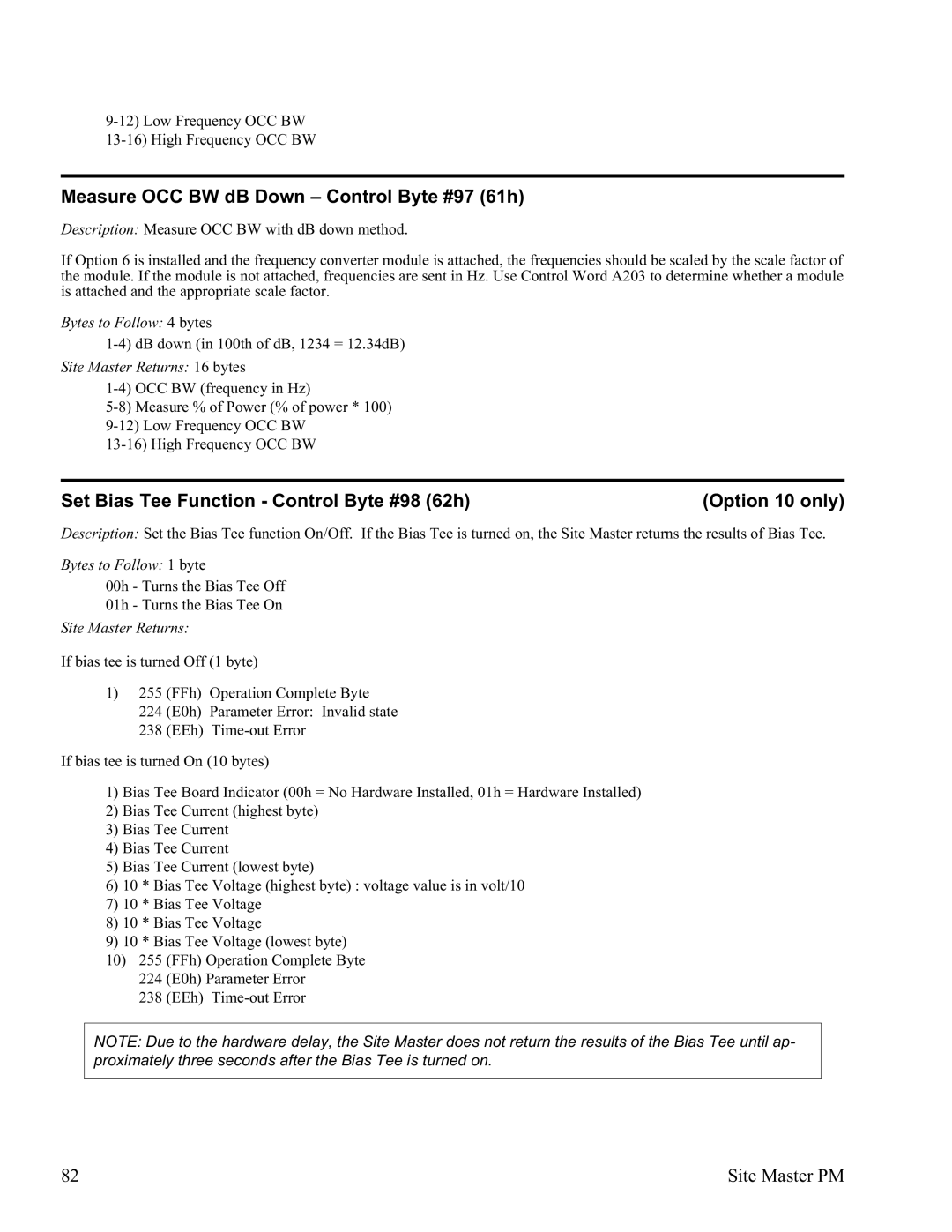 Anritsu S331D manual Measure OCC BW dB Down Control Byte #97 61h, Set Bias Tee Function Control Byte #98 62h Option 10 only 