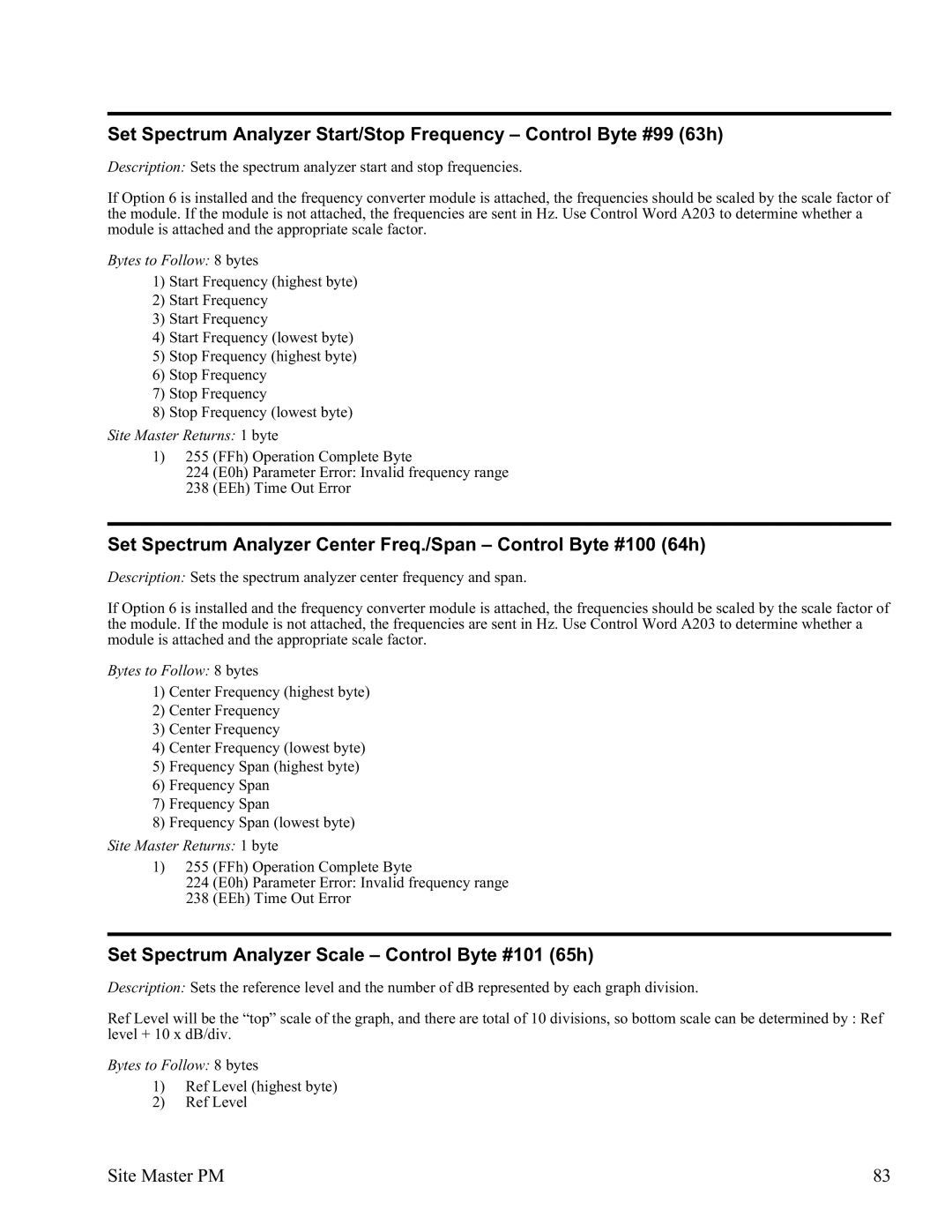 Anritsu S332D, S331D manual Set Spectrum Analyzer Scale Control Byte #101 65h, Bytes to Follow 8 bytes 
