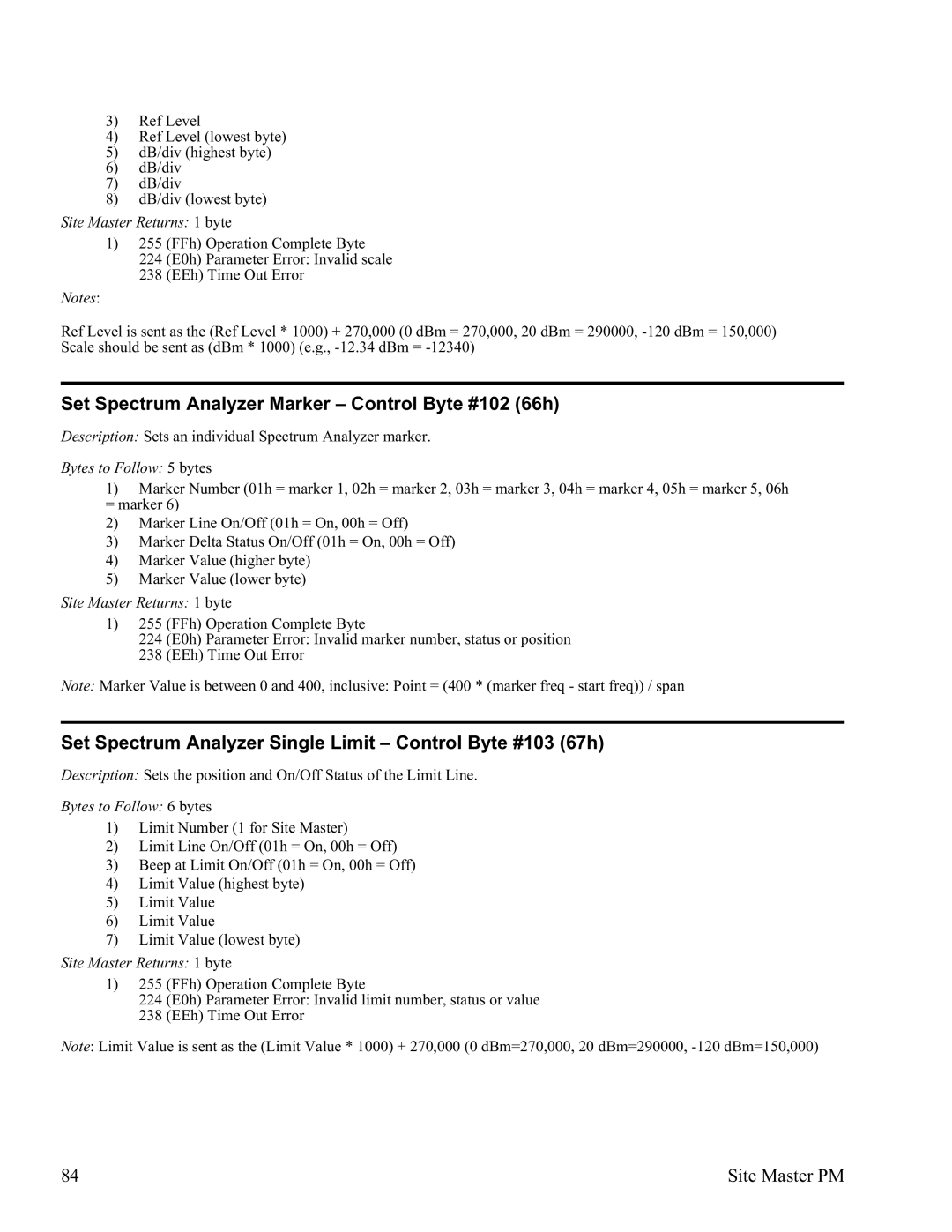 Anritsu S331D Set Spectrum Analyzer Marker Control Byte #102 66h, Set Spectrum Analyzer Single Limit Control Byte #103 67h 
