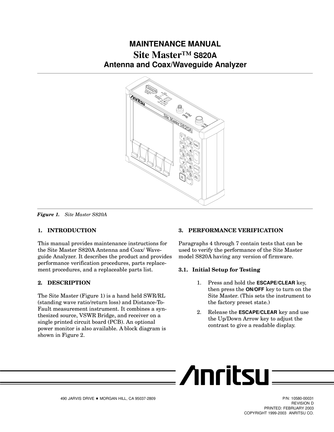 Anritsu S820A manual Introduction Performance Verification, Description 