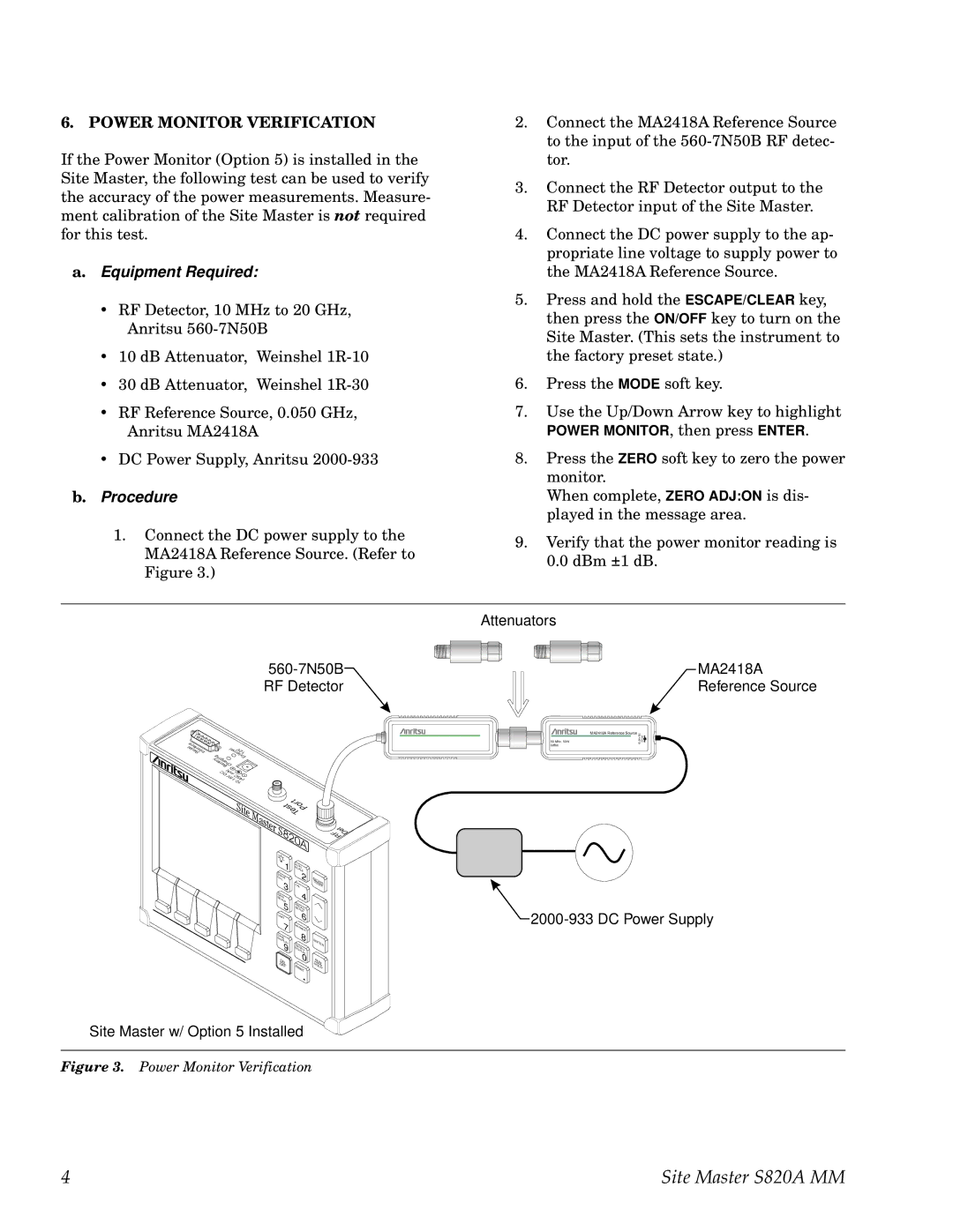 Anritsu S820A manual Power Monitor Verification, 560-7N50B RF Detector 