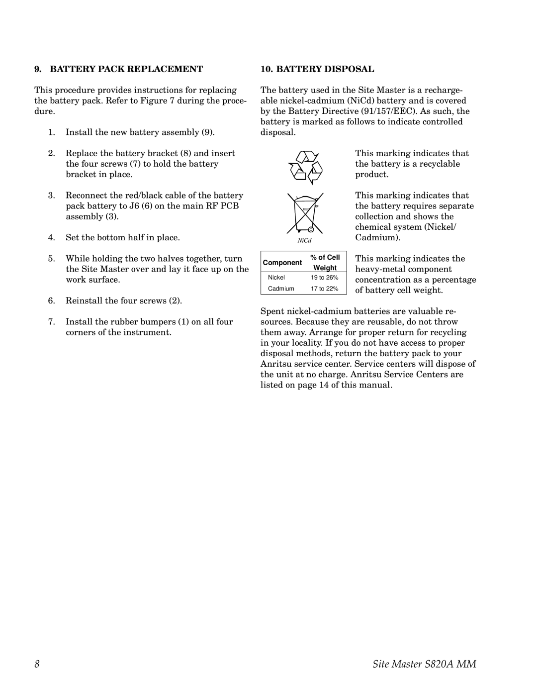 Anritsu S820A manual Battery Pack Replacement Battery Disposal 