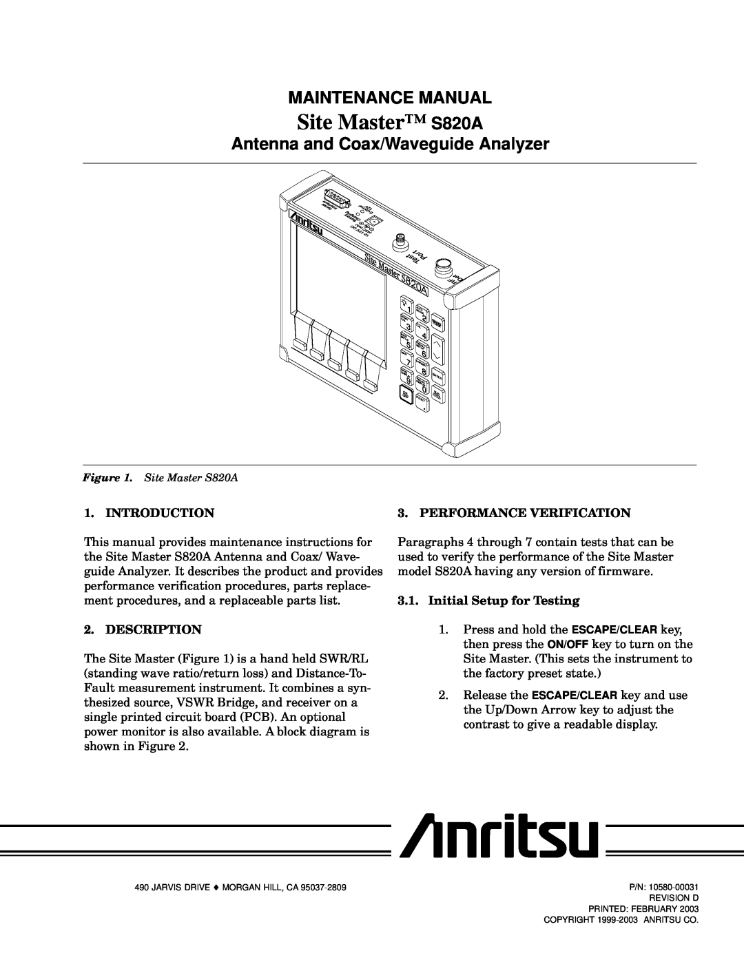 Anritsu manual Introduction, Performance Verification, Description, Initial Setup for Testing, Site Master S820A 