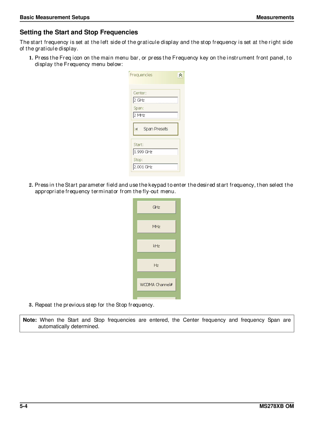 Anritsu Series MS278XB operation manual Setting the Start and Stop Frequencies 