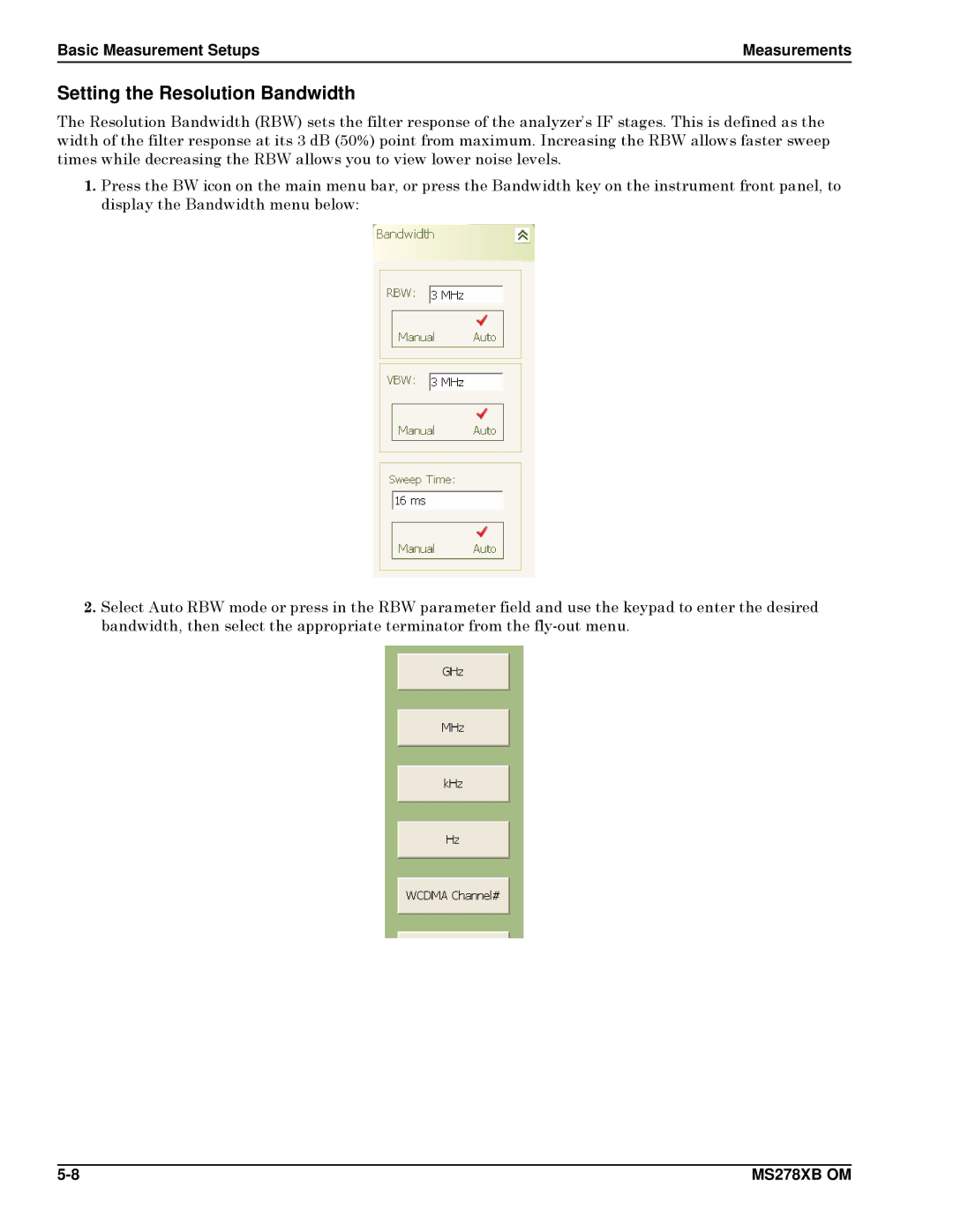 Anritsu Series MS278XB operation manual Setting the Resolution Bandwidth 