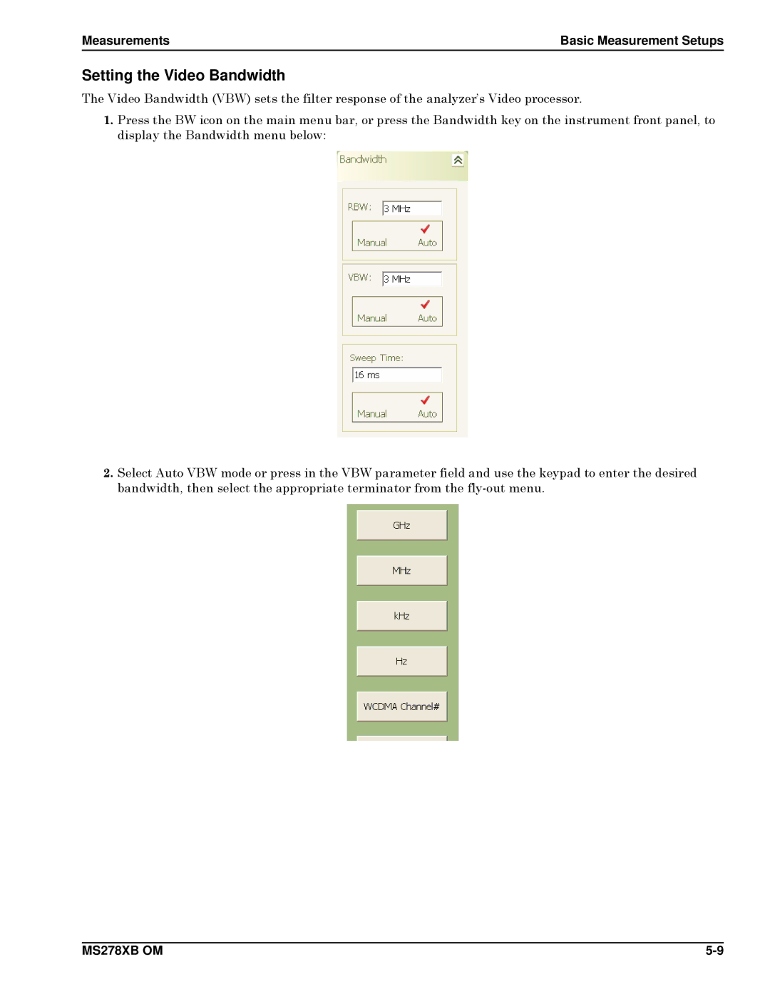 Anritsu Series MS278XB operation manual Setting the Video Bandwidth 