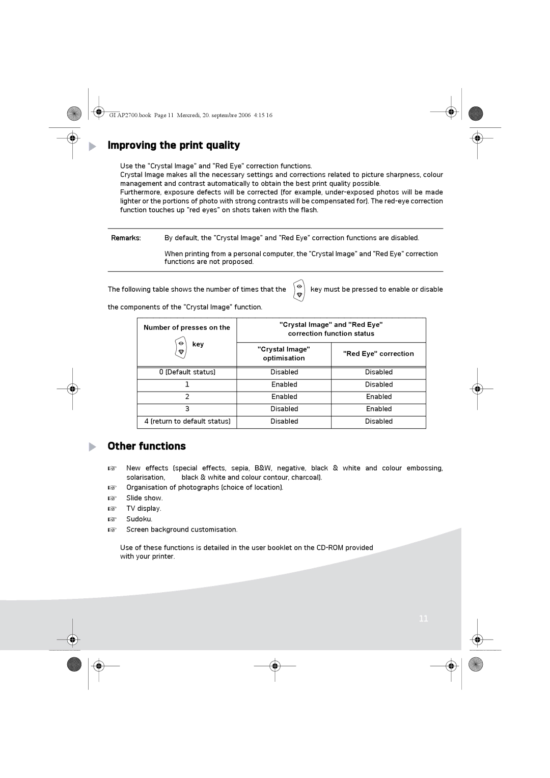 Ansco AP2700 Improving the print quality, Other functions, Number of presses on Crystal Image and Red Eye, Optimisation 