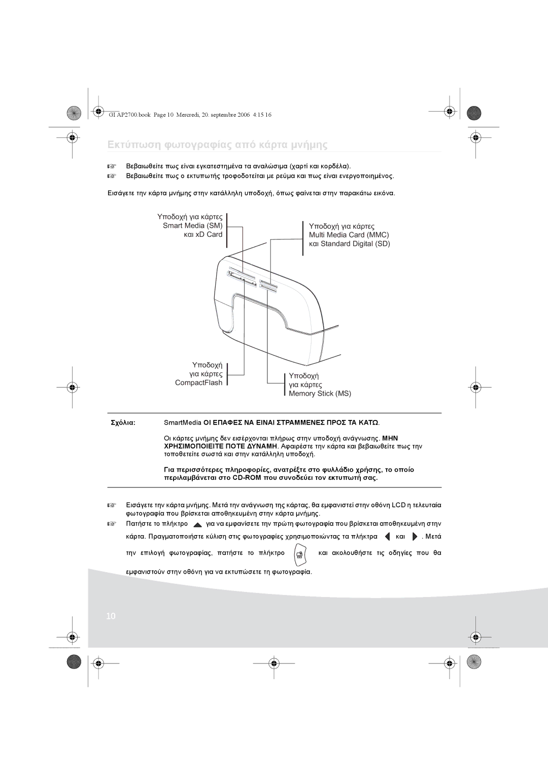 Ansco AP2700 manual Εκτύπωση φωτογραφίας από κάρτα µνήµης, Σχόλια SmartMedia ΟΙ Επαφεσ ΝΑ Ειναι Στραμμενεσ Προσ ΤΑ Κατω 